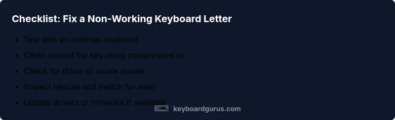 Checklist infographic showing steps to fix a broken keyboard letter