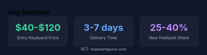 Stats infographic showing beginner keyboard price range, delivery time, and hobby interest