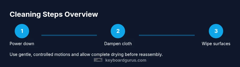Process infographic showing cleaning steps for keyboard with alcohol